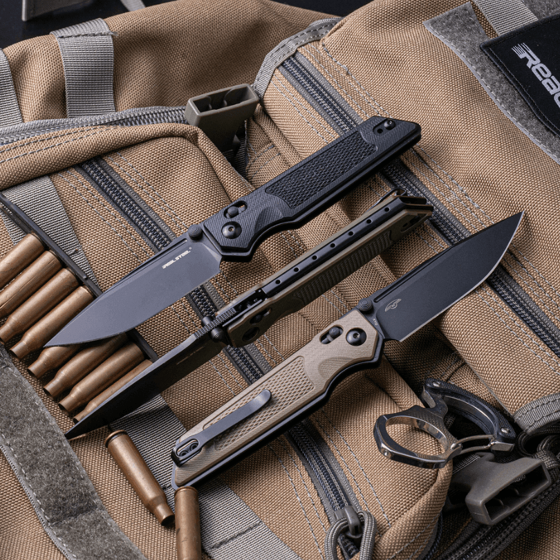 Real Steel Sacra Tactical Crossbar Lock Folding Knife- 3.31" Black Tanto Plain Böhler K110 Blade, Black G10 Handle 7712B 62.00 Real Steel Knives www.realsteelknives.com