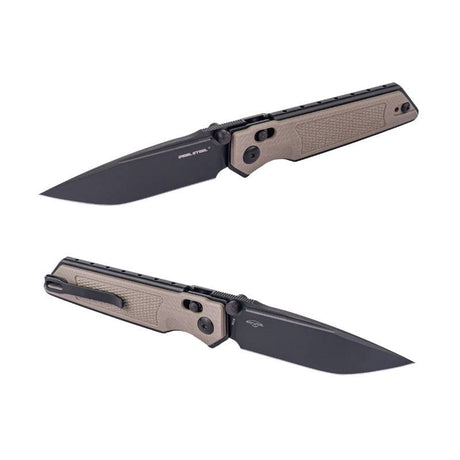 Real Steel Sacra Tactical Crossbar Lock Folding Knife- 3.31" Black Tanto Plain Böhler K110 Blade, Coyote G10 Handle 7712C 62.00 Real Steel Knives www.realsteelknives.com