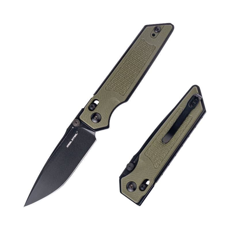 Real Steel Sacra Tactical Crossbar Lock Folding Knife- 3.31" Black Tanto Plain Böhler K110 Blade, Green G10 Handle 7712G 62.00 Real Steel Knives www.realsteelknives.com