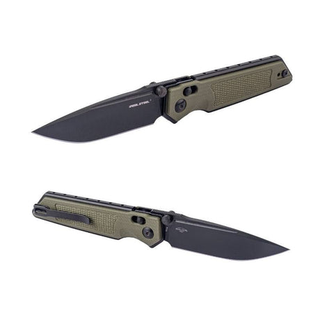 Real Steel Sacra Tactical Crossbar Lock Folding Knife- 3.31" Black Tanto Plain Böhler K110 Blade, Green G10 Handle 7712G 62.00 Real Steel Knives www.realsteelknives.com