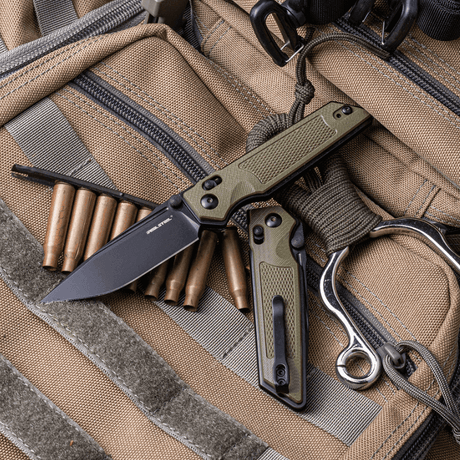 Real Steel Sacra Tactical Crossbar Lock Folding Knife- 3.31" Black Tanto Plain Böhler K110 Blade, Green G10 Handle 7712G 62.00 Real Steel Knives www.realsteelknives.com