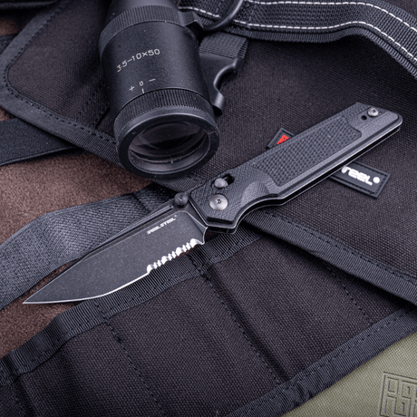 Real Steel Sacra Tactical Crossbar Lock Folding Knife- 3.31" Blackwash Serrated Böhler K110 Blade, Black G10 Handle 7713B 89.00 Real Steel Knives www.realsteelknives.com