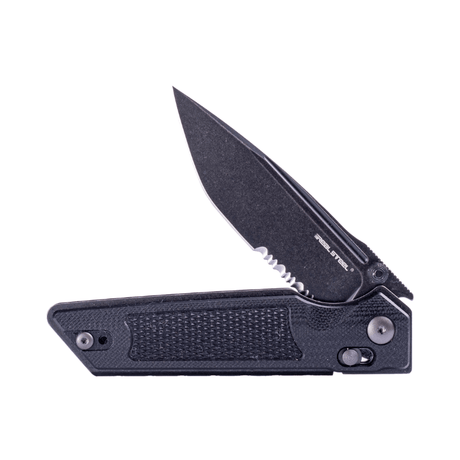 Real Steel Sacra Tactical Crossbar Lock Folding Knife- 3.31" Blackwash Serrated Böhler K110 Blade, Black G10 Handle 7713B 89.00 Real Steel Knives www.realsteelknives.com