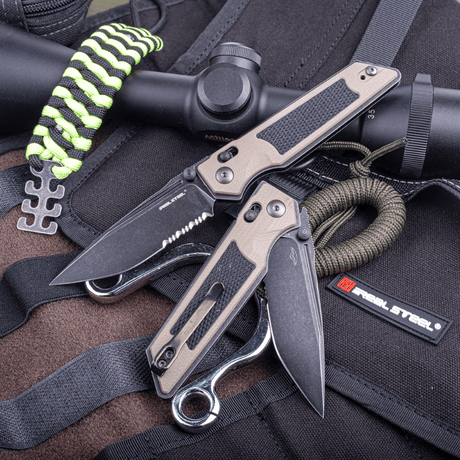 Real Steel Sacra Tactical Crossbar Lock Folding Knife- 3.31" Blackwash Serrated Böhler K110 Blade, Coyote G10 Handle 7713CB 62.00 Real Steel Knives www.realsteelknives.com