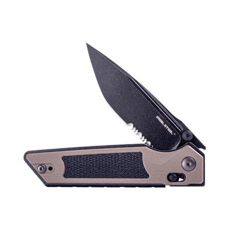 Real Steel Sacra Tactical Crossbar Lock Folding Knife- 3.31" Blackwash Serrated Böhler K110 Blade, Coyote G10 Handle 7713CB 62.00 Real Steel Knives www.realsteelknives.com