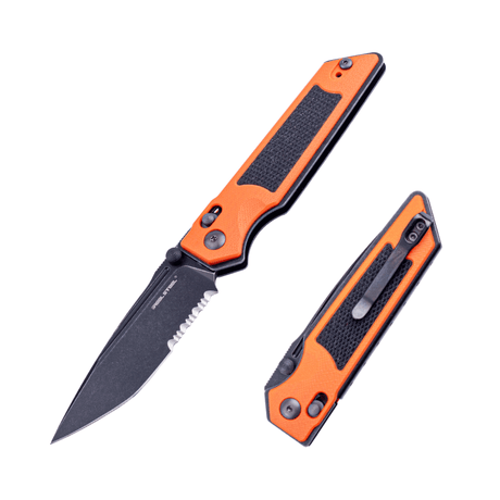 Real Steel Sacra Tactical Crossbar Lock Folding Knife- 3.31" Blackwash Serrated Böhler K110 Blade, Orange G10 Handle 7713OB 62.00 Real Steel Knives www.realsteelknives.com