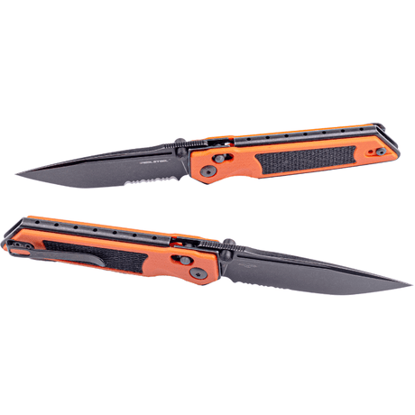 Real Steel Sacra Tactical Crossbar Lock Folding Knife- 3.31" Blackwash Serrated Böhler K110 Blade, Orange G10 Handle 7713OB 62.00 Real Steel Knives www.realsteelknives.com