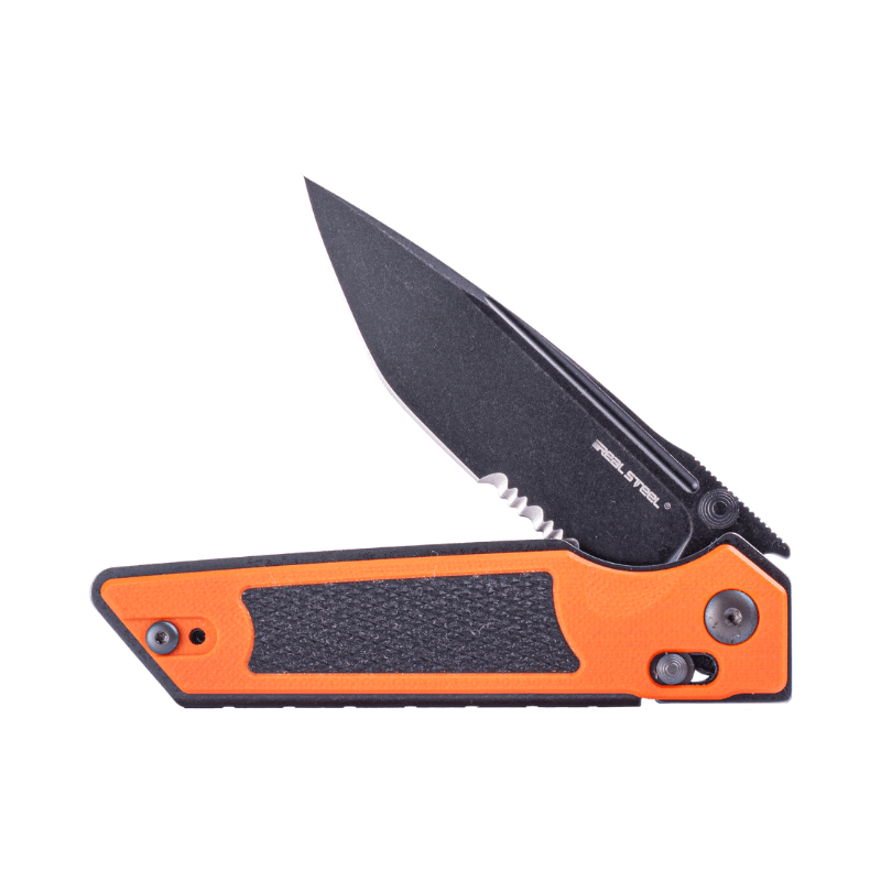 Real Steel Sacra Tactical Crossbar Lock Folding Knife- 3.31" Blackwash Serrated Böhler K110 Blade, Orange G10 Handle 7713OB 62.00 Real Steel Knives www.realsteelknives.com