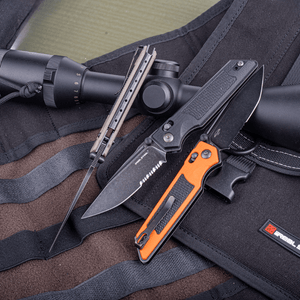 Real Steel Sacra Tactical Crossbar Lock Folding Knife- 3.31" Blackwash Serrated Böhler K110 Blade, Orange G10 Handle 7713OB 62.00 Real Steel Knives www.realsteelknives.com