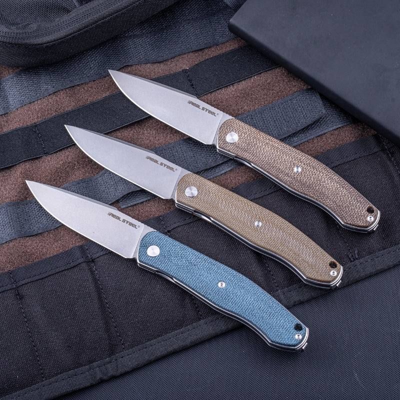 Real Steel Serenity Front Flipper / Liner Lock Folding Knife 3.43" N690 Bead Blasted Blade, Denim Micarta Handle 7682DM 77.00 Real Steel Knives www.realsteelknives.com