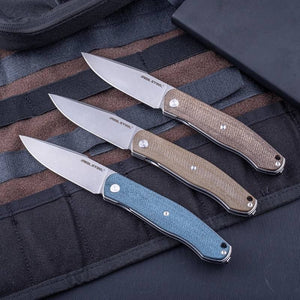 Real Steel Serenity Front Flipper / Liner Lock Folding Knife 3.43" N690 Bead Blasted Blade, Denim Micarta Handle 7682DM 77.00 Real Steel Knives www.realsteelknives.com