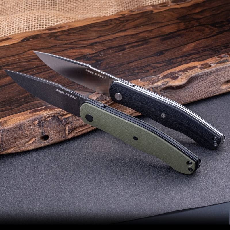 Real Steel Serenity Front Flipper / Liner Lock Folding Knife 3.43" N690 Black Stonewashed Drop Point Blade, OD Green G10 Handle 7682G 77.00 Real Steel Knives www.realsteelknives.com