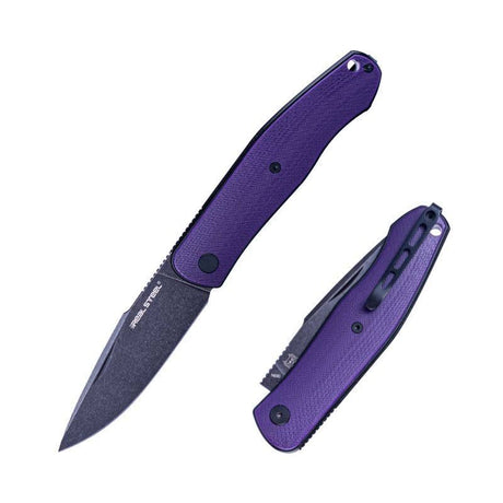 Real Steel Serenity Slipjoint Folding Knife (3.43" N690 Black Stonewashed Drop Point Blade) Purple G10 Handle 7681P 77.00 Real Steel Knives www.realsteelknives.com