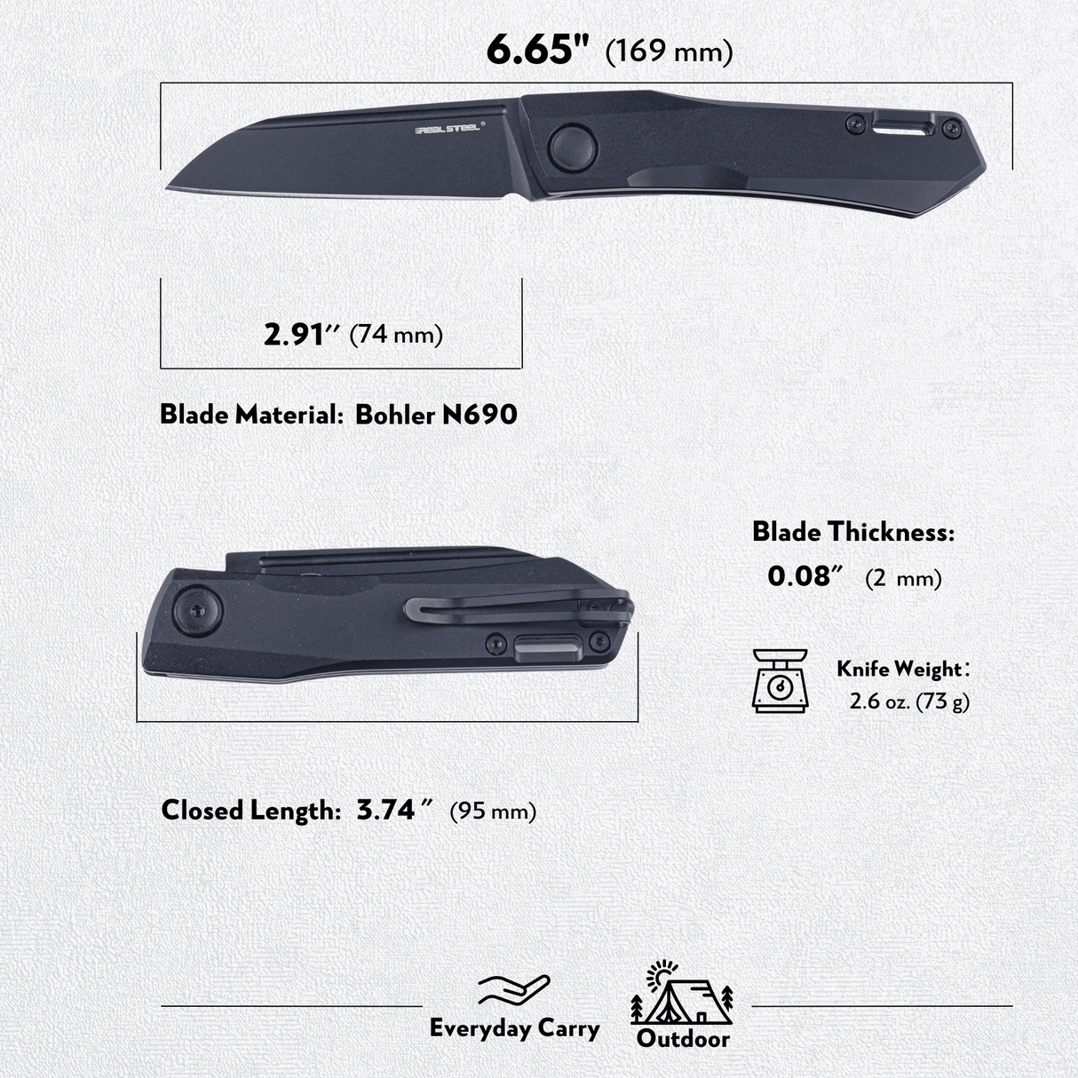 Real Steel Solis Slip Joint Folding Knife -2.91" Böhler N690 Black Sheepsfoot Blade, Black Titanium Handle 7063B 90.00 Real Steel Knives www.realsteelknives.com