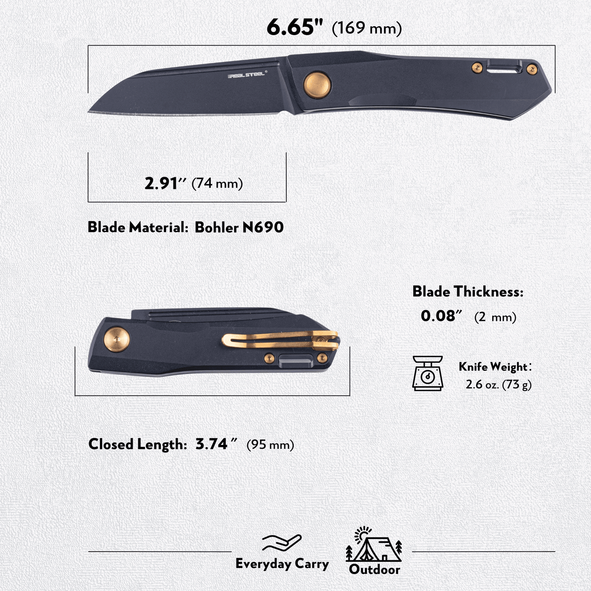 Real Steel Solis Slip Joint Folding Knife -2.91" Böhler N690 Black Sheepsfoot Blade,Golden hardware, Black Titanium Handle 7063G 90.00 Real Steel Knives www.realsteelknives.com