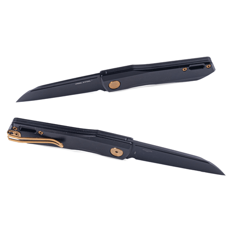 Real Steel Solis Slip Joint Folding Knife -2.91" Böhler N690 Black Sheepsfoot Blade,Golden hardware, Black Titanium Handle 7063G 90.00 Real Steel Knives www.realsteelknives.com