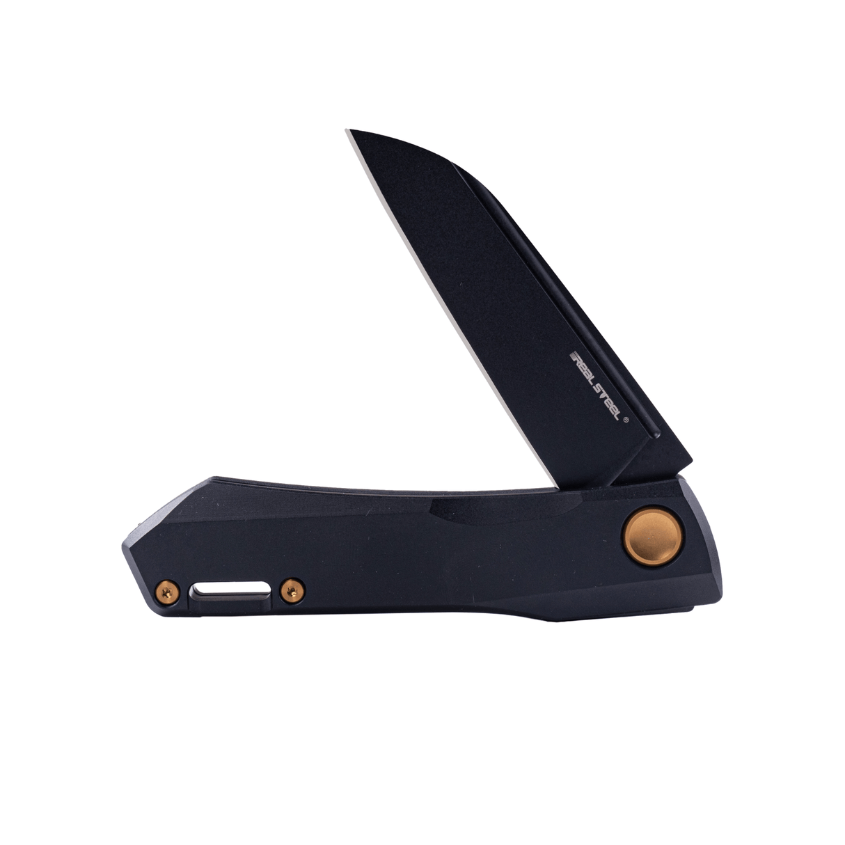 Real Steel Solis Slip Joint Folding Knife -2.91" Böhler N690 Black Sheepsfoot Blade,Golden hardware, Black Titanium Handle 7063G 90.00 Real Steel Knives www.realsteelknives.com