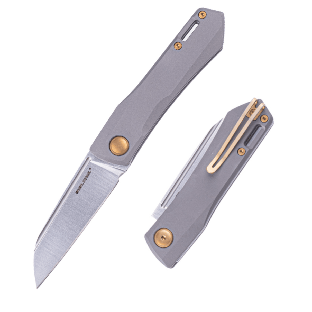 Real Steel Solis Slip Joint Folding Knife -2.91" Böhler N690 Satin Sheepsfoot Satin Blade, Golden Hardware, Titanium Handle 7062G 90.00 Real Steel Knives www.realsteelknives.com