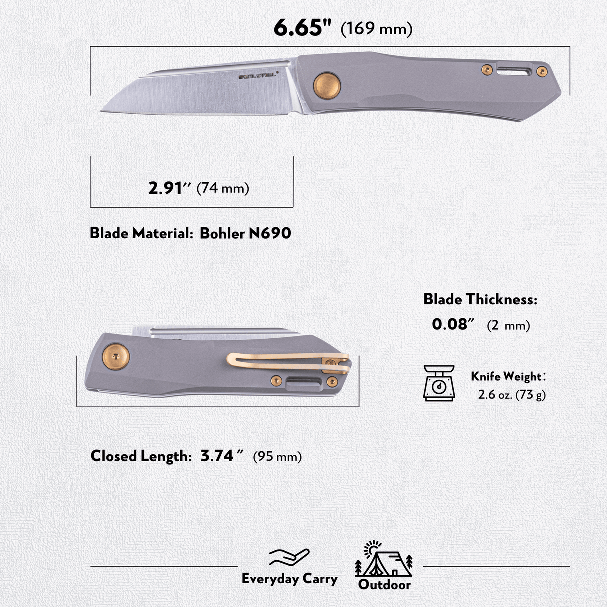 Real Steel Solis Slip Joint Folding Knife -2.91" Böhler N690 Satin Sheepsfoot Satin Blade, Golden Hardware, Titanium Handle 7062G 90.00 Real Steel Knives www.realsteelknives.com