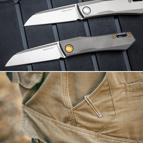 Real Steel Solis Slip Joint Folding Knife -2.91" Böhler N690 Satin Sheepsfoot Satin Blade, Golden Hardware, Titanium Handle 7062G 90.00 Real Steel Knives www.realsteelknives.com