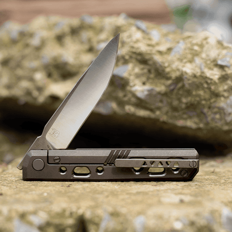 RealSteel Bruns Front Flipper Framelock Folding Knife -3.54" VG-10 Blade, Titanium Handle 7661 149.00 Real Steel Knives www.realsteelknives.com